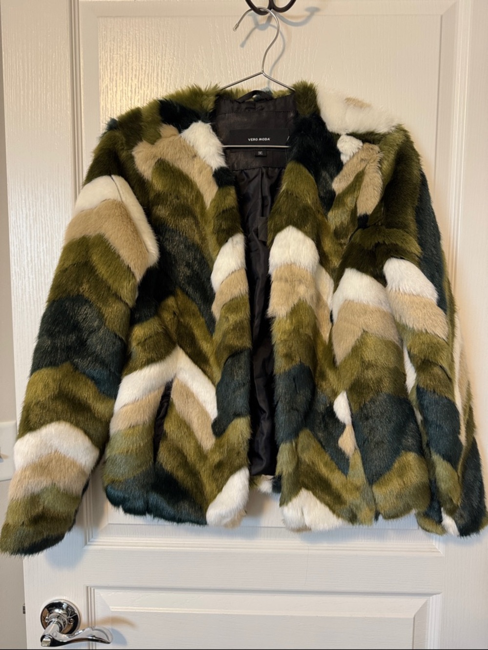 Vero Moda Olive Multi Chevron Faux Fur Jacket